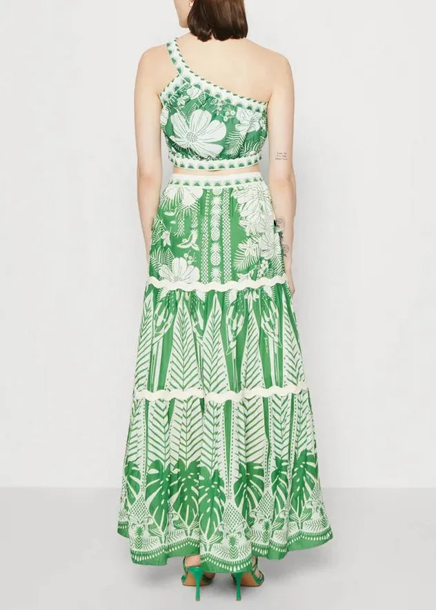 Italian Green One Shoulder Print Top and Maxi Skirts Two Pieces Set Sleeveless