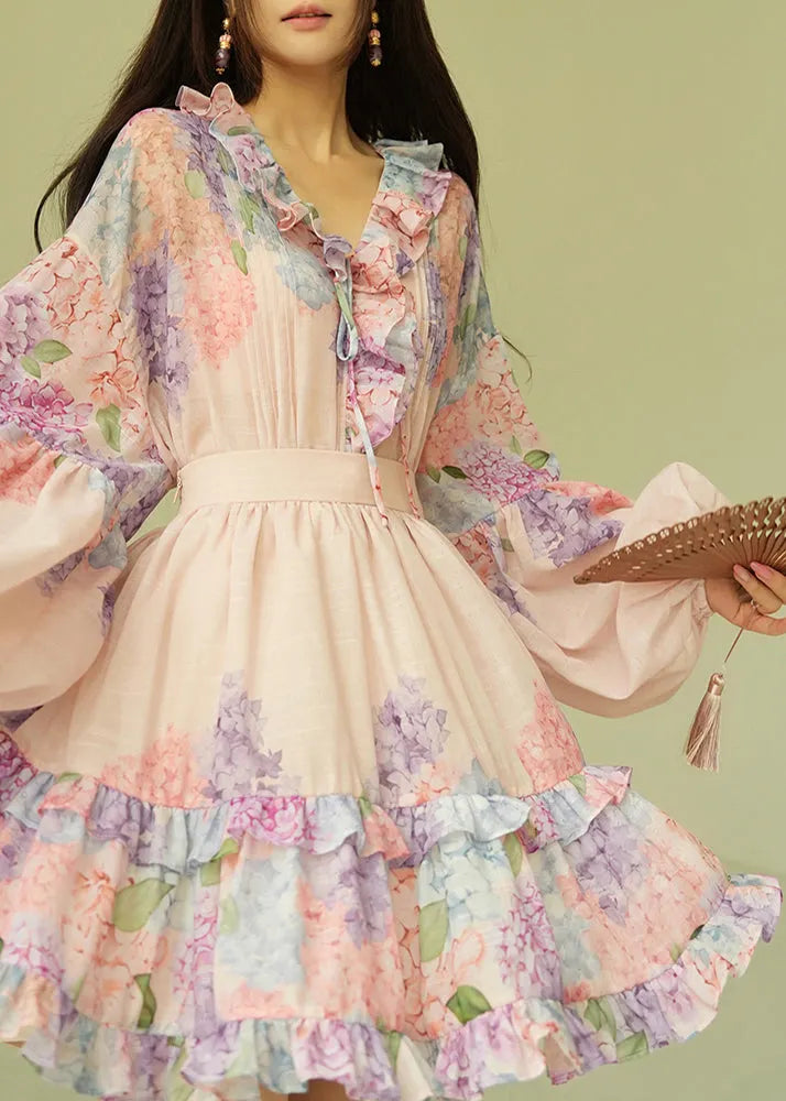 Loose Pink Ruffled Print Shirts and Skirts Cotton Two Piece Set Puff Sleeve