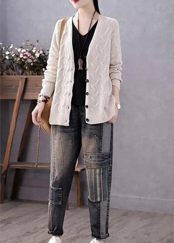 Art Blue V Neck Button Fall Knit Sweater Coat
