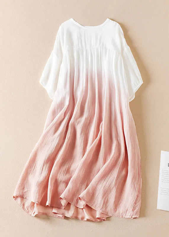 Original Blue Gradient O Neck Wrinkled Cotton Long Dress Half Sleeve