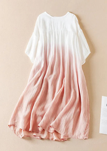 Original Blue Gradient O Neck Wrinkled Cotton Long Dress Half Sleeve