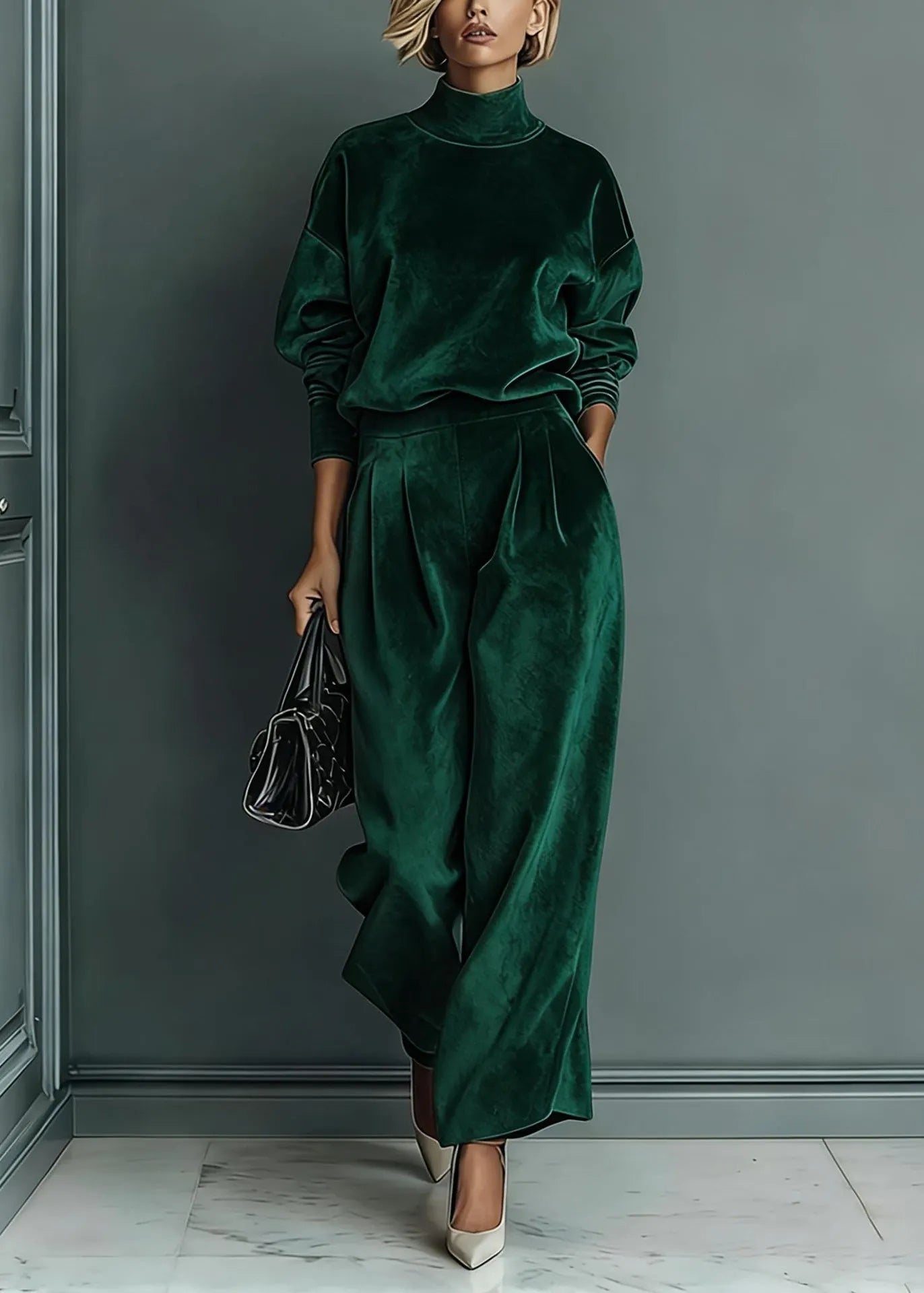 Loose Grey Turtleneck Pockets Tops and Pants Silk Velvet Two Pieces Set Spring