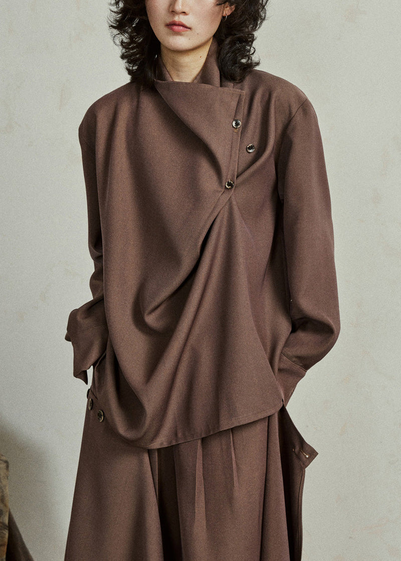 Fine Coffee Asymmetrical Button Cotton Shirt Lantern Sleeve Spring