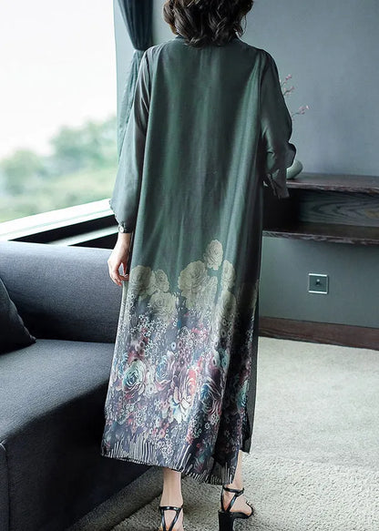 Blackish Green Print Silk Cardigans and Long Dress Two Pieces Set Button Spring