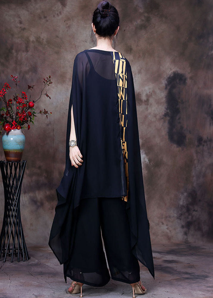 Italian Black Asymmetrical Print Chiffon Top and Wide Leg Pant Two Piece Suit Set Summer