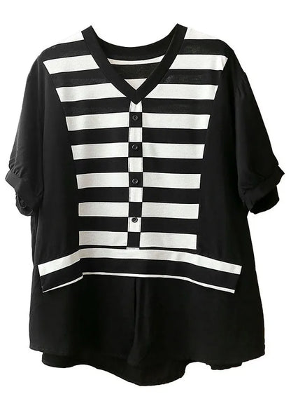 Black V Neck Patchwork Striped Silk Fake Two Piece Shirt Top Short Sleeve