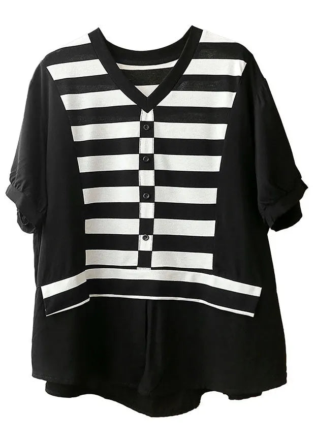 Black V Neck Patchwork Striped Silk Fake Two Piece Shirt Top Short Sleeve