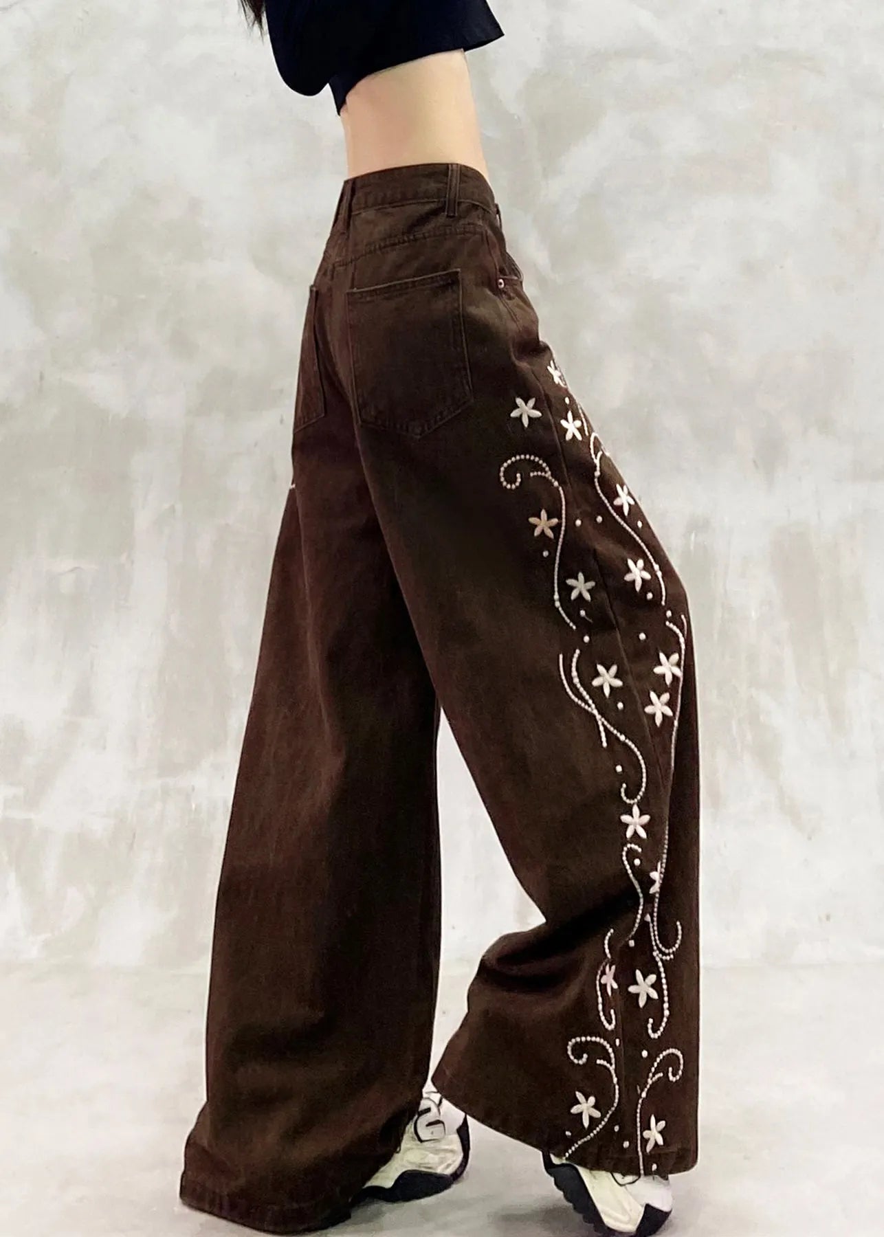 Brown Oversized Print Denim Wide Leg Pants Spring