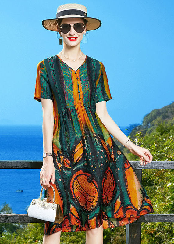 Blackish Green V Neck Wrinkled Print Silk Cinch Dresses Short Sleeve