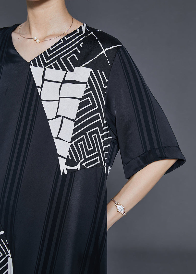 Black Asymmetrical Patchwork Silk Maxi Dresses Summer