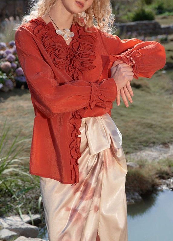 Red V Neck Butto Tops Spring