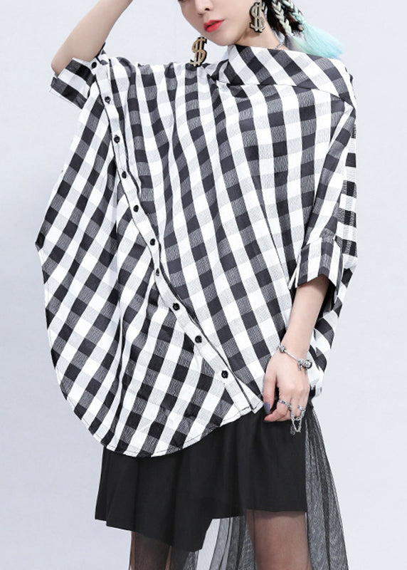 Plaid Stand Collar Asymmetrical Patchwork Button Linen Tops Batwing Sleeve