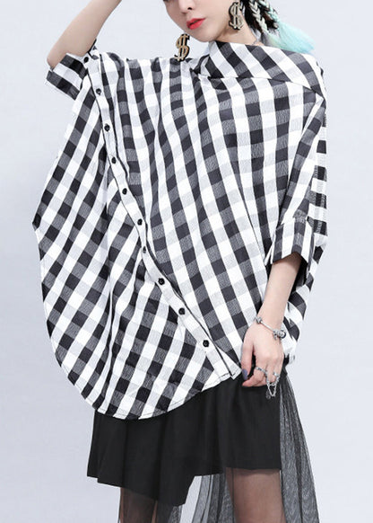 Plaid Stand Collar Asymmetrical Patchwork Button Linen Tops Batwing Sleeve