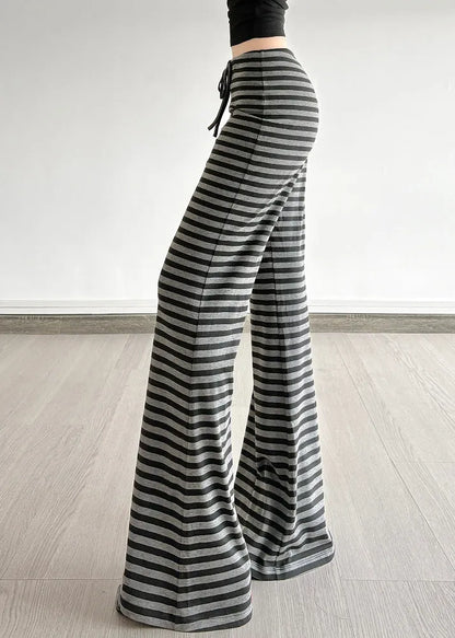 Silm Fit Grey Striped Cotton Bell-bottom Trousers Fall