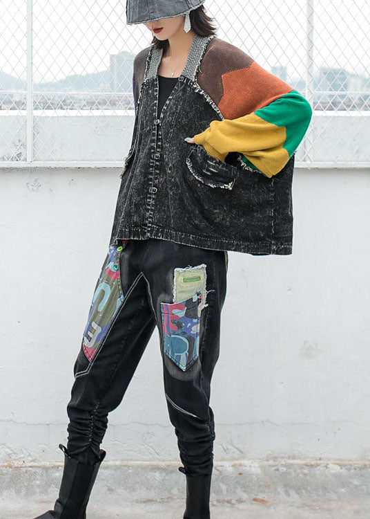 Denim V Neck Knit Patchwork Asymmetrical Design Fall Long Sleeve Coat
