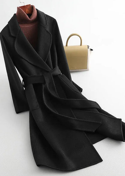 White Notched Tie Waist Woolen Long Coats Fall