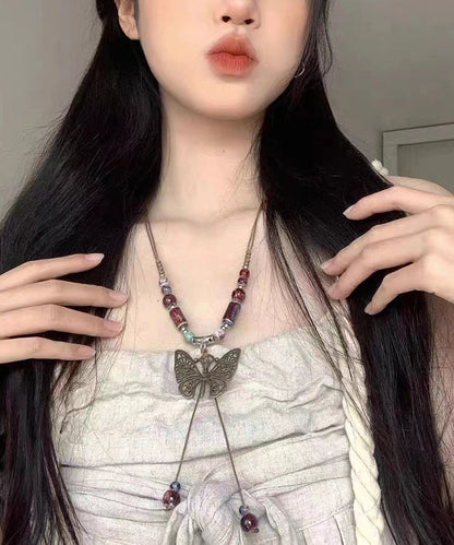 Red Alloy Gem Stone Butterfly Hollow Out Pendant Necklace