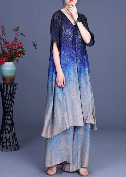 Print Gradient Top + Wide Leg Pants Two Piece Set