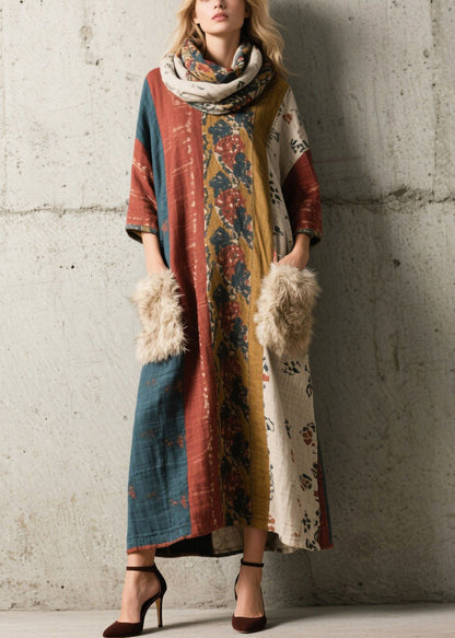 Print Patchwork Faux Fur Holiday Dress Bracelet Sleeve