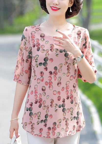 Pink O-neck Dot Print Chiffon Tops Half Sleeve