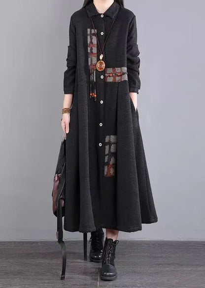 Black Pockets Patchwork Warm Fleece Dresses Peter Pan Collar Button Winter