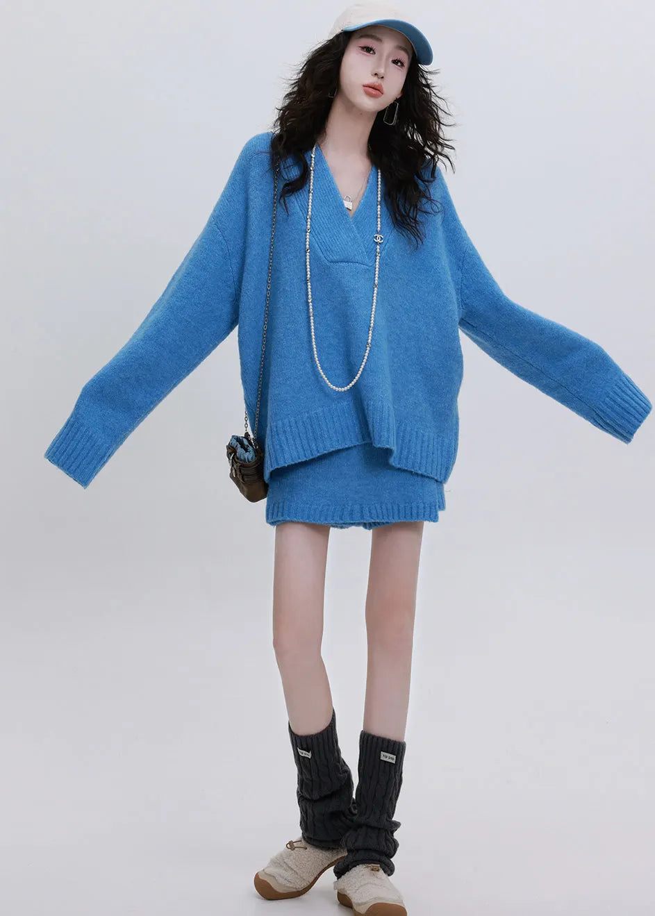 Diy Blue V Neck Asymmetrical Design Knit Two Piece Set Clothing Winter