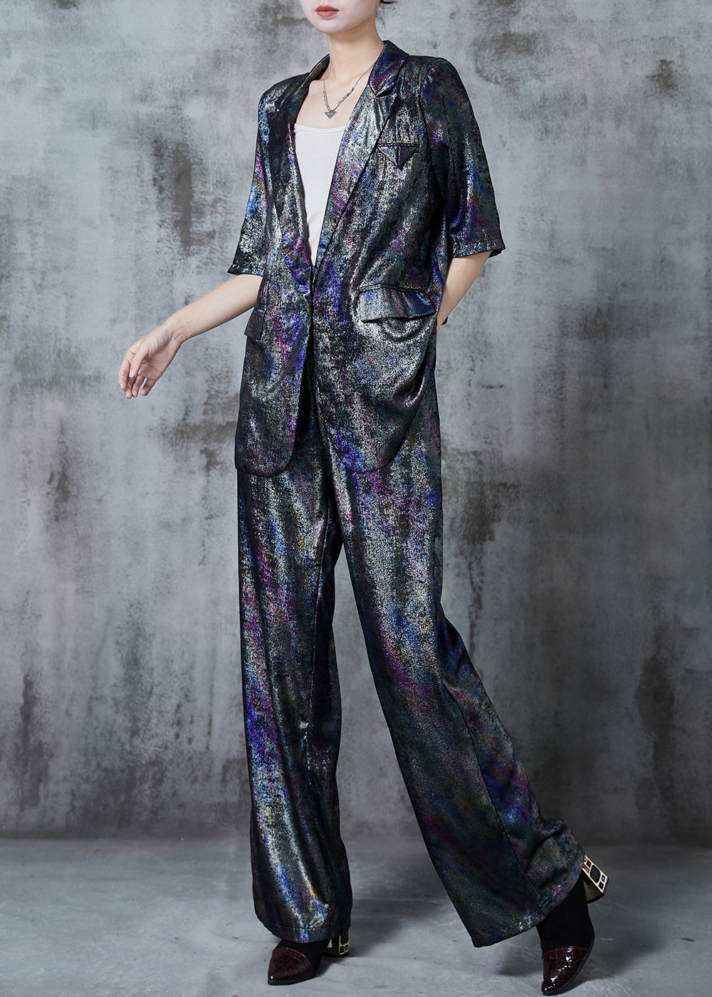 Dark Grey Notched Tie Dye Silk Two Pieces Set Summer