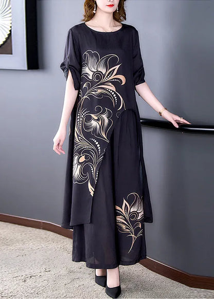 Black Asymmetrical Print Chiffon Top and Wide Leg Pants Two-piece Set Summer