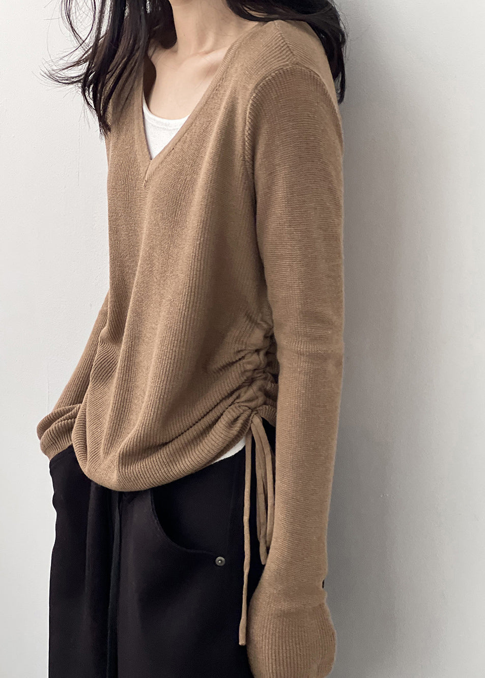 Coffee Cinched Knit Blouses V Neck Long Sleeve