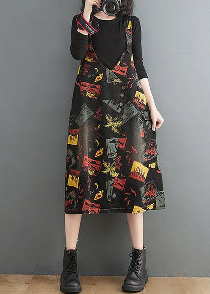 Black V Neck Asymmetrical Button Print Strap Denim Dress Summer