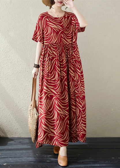 Red Oversized Print Cotton Long Dresses Summer