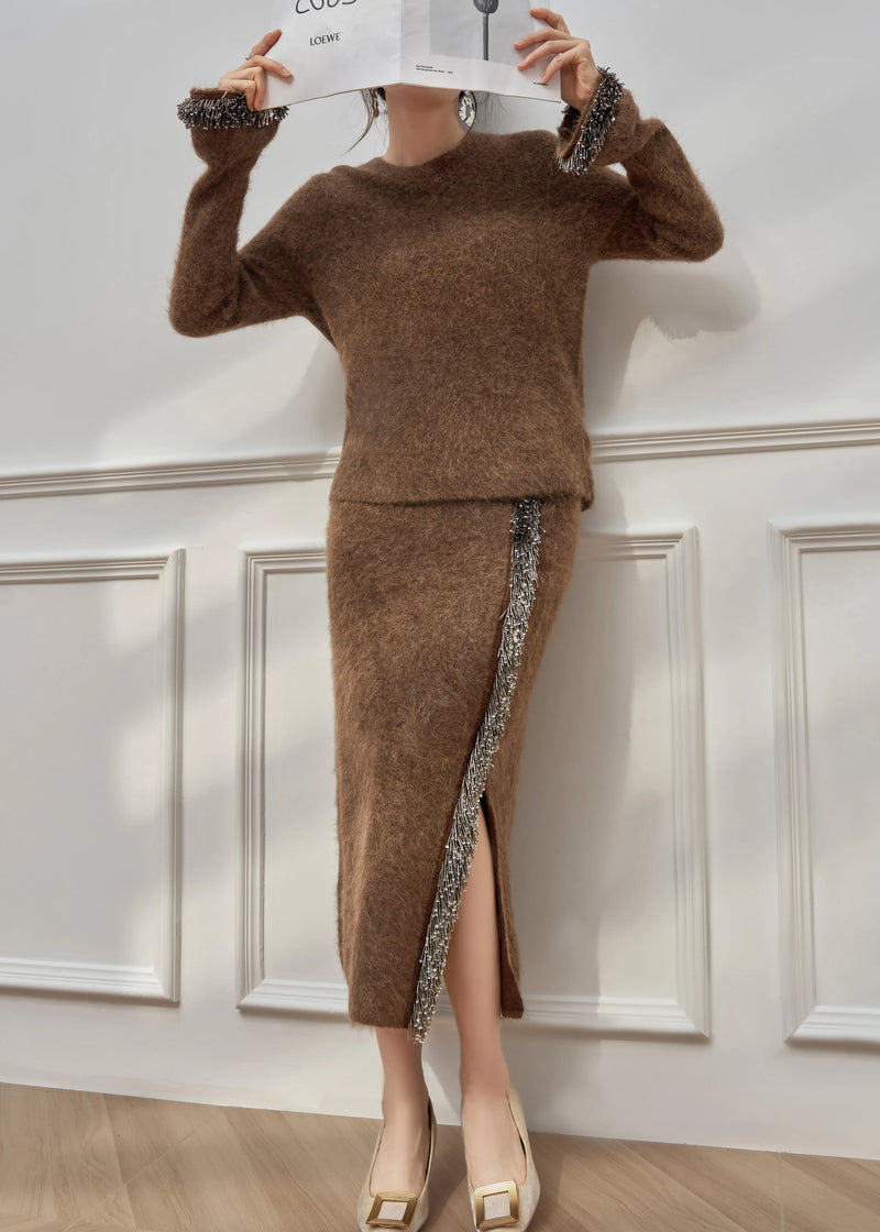 Brown Tasseled Side Open Knit Two Pieces Set Winter