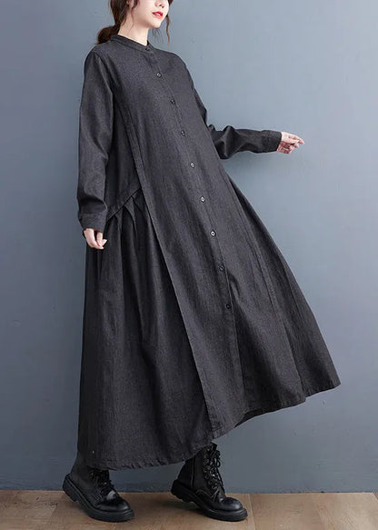 Denim Black Stand Collar Patchwork Wrinkled Button Ankle Shirts Dress Long Sleeve