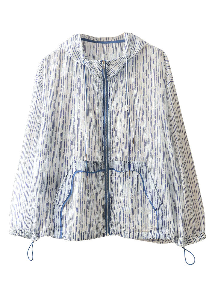 Blue Striped Zippered Drawstring Hooded Pockets Upf 50+ Coat Jacket Summer