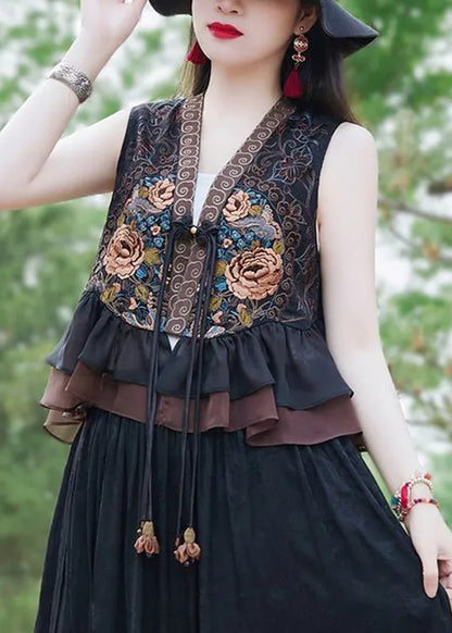 Black Ruffled Tasseled Patchwork Silk Waistcoat Sleeveless