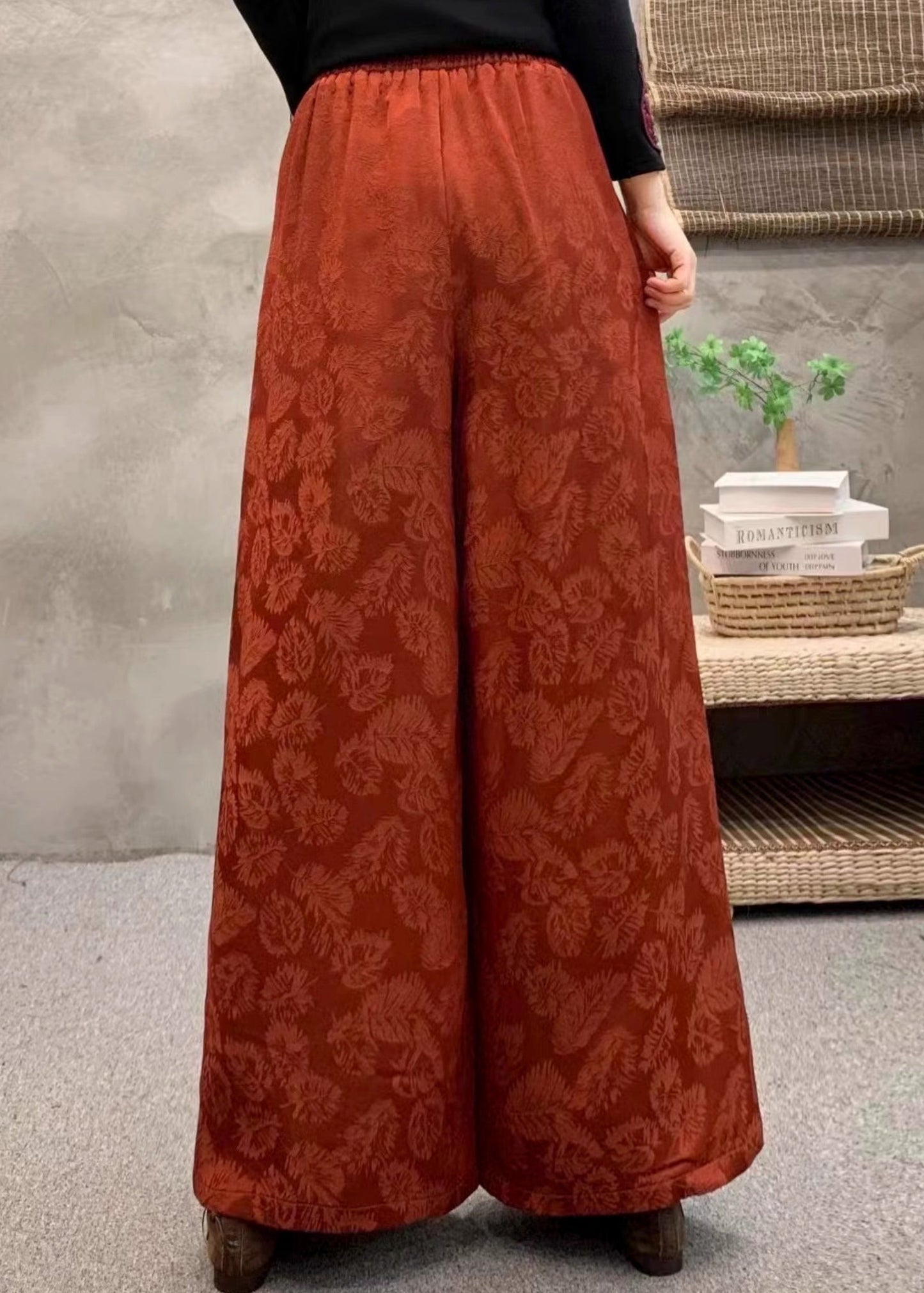 Orange Embroidered Pockets Warm Fleece Pants Trousers Winter