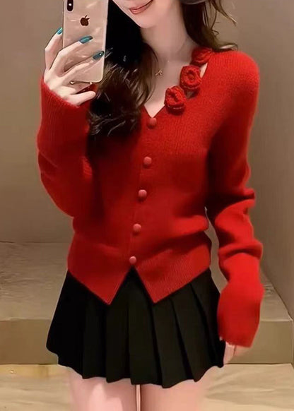 Organic Red Button Cotton Knit Sweater Spring