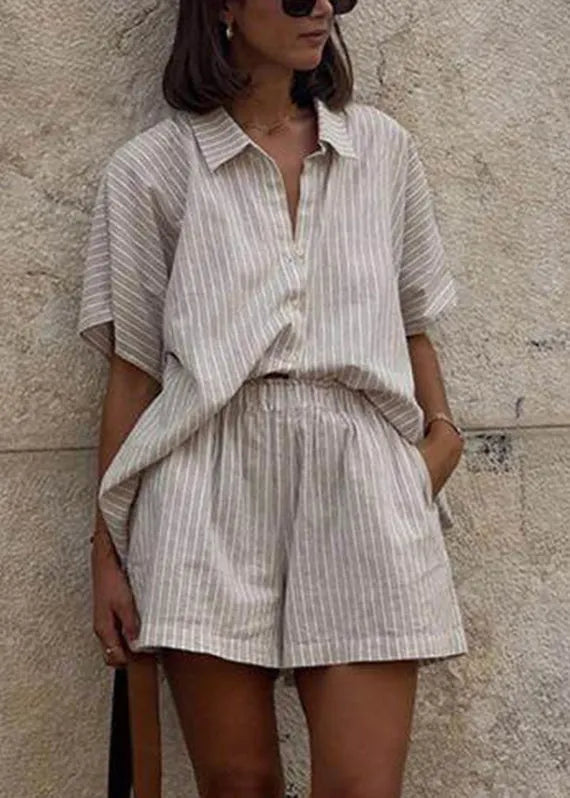 Loose Khaki Peter Pan Collar Striped Shirts and Shorts Two Pieces Set Short Sleeve