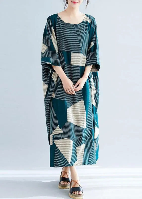 Green Striped O-neck Loose Summer Bat Wing Sleeve Summer Dress