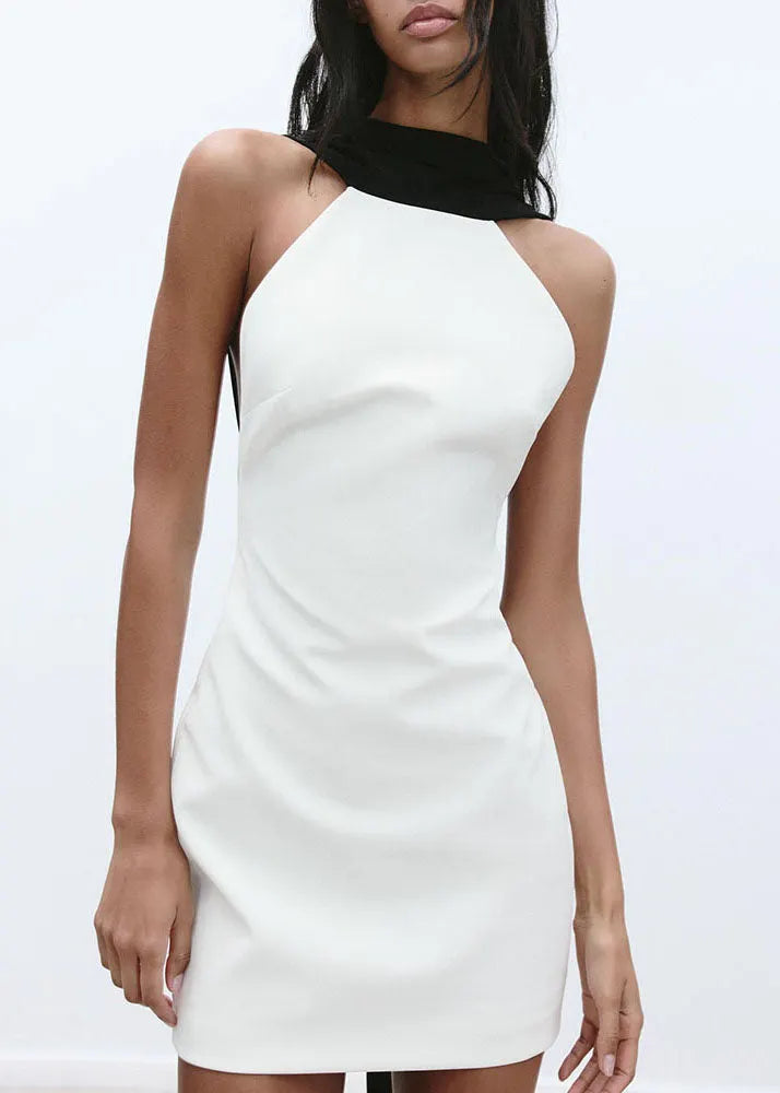 Novelty Black Backless Patchwork Cotton Mini Dresses Sleeveless