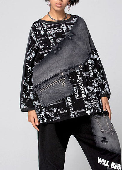 Black Graphic Patchwork Denim Top Spring