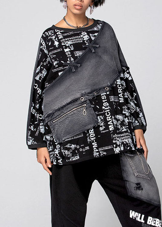 Black Graphic Patchwork Denim Top Spring