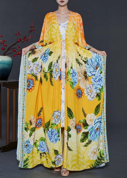 Yellow Tie Waist Print Chiffon Beach Dresses Fall
