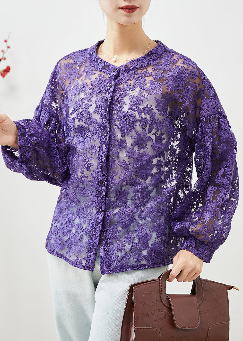 Purple Embroideried Hollow Out Lace Shirts Fall