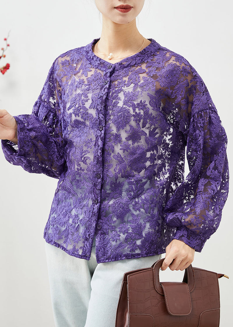Purple Embroideried Hollow Out Lace Shirts Fall