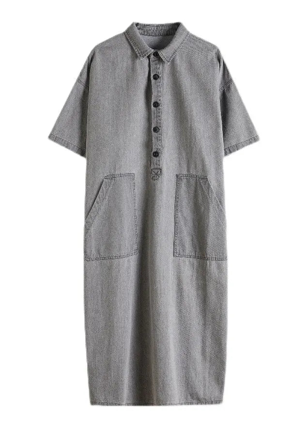Loose Grey Peter Pan Collar Button Side Open Pockets Denim Dresses Short Sleeve