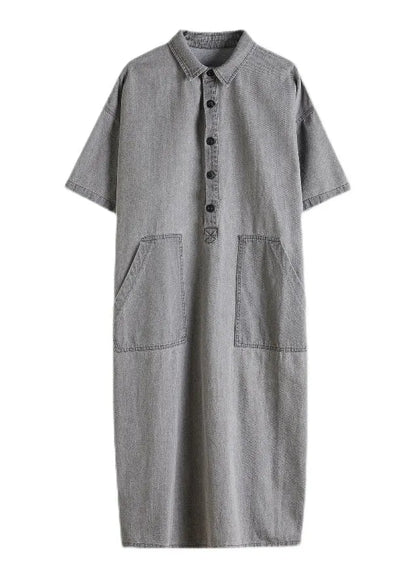 Loose Grey Peter Pan Collar Button Side Open Pockets Denim Dresses Short Sleeve
