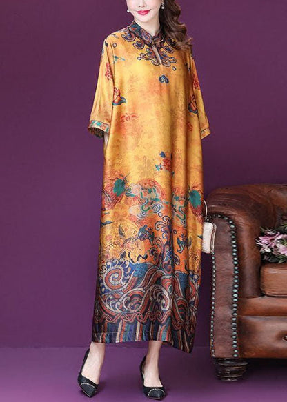 Yellow Mandarin Collar Print Silk Dresses Batwing Sleeve