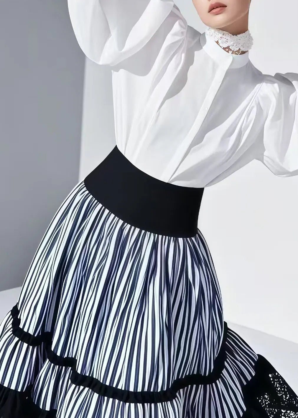 Blue Striped Patchwork Lace Skirt Summer