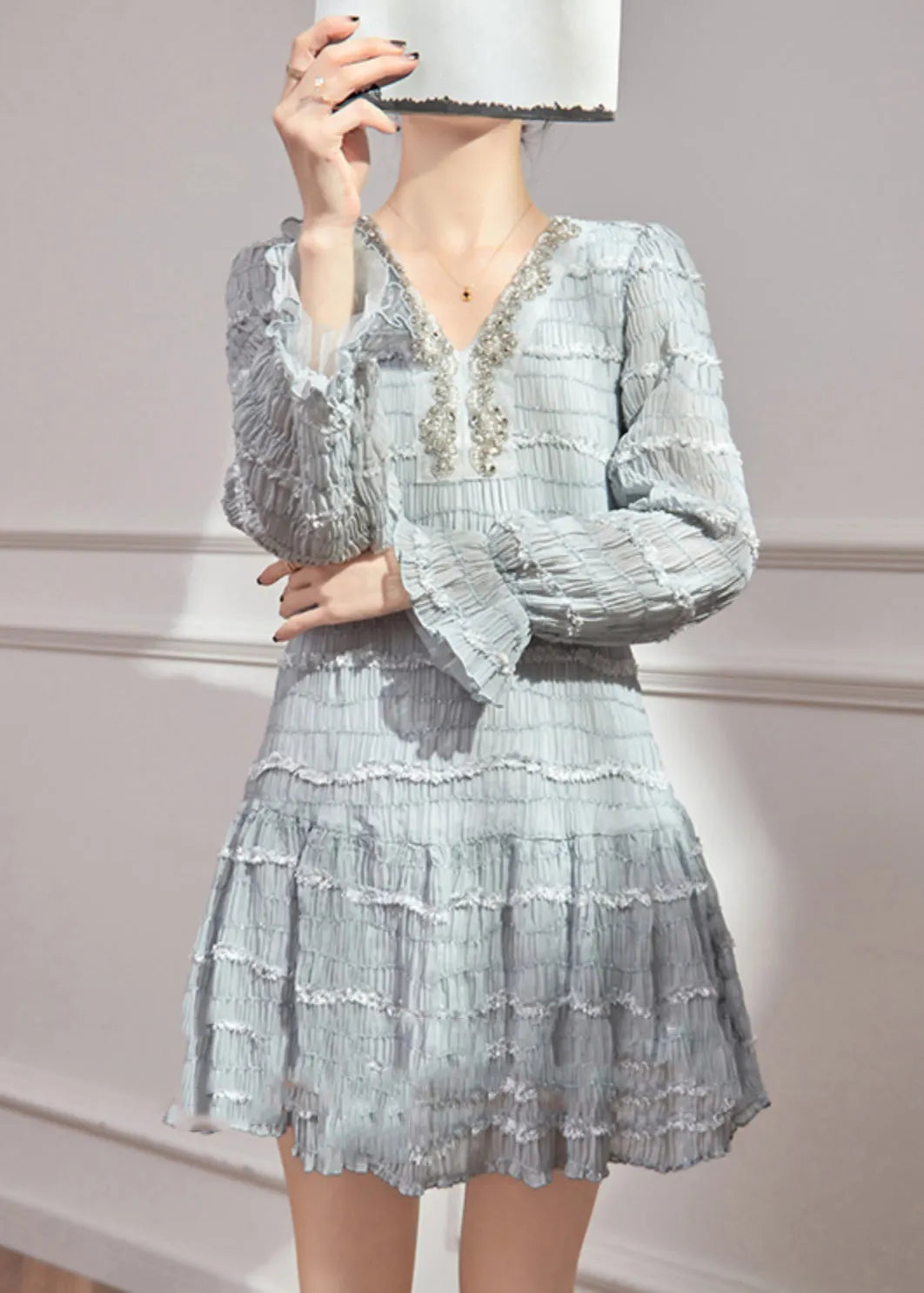 Blue V Neck Ruffled Patchwork Sequins Chiffon Mid Dress Flare Sleeve